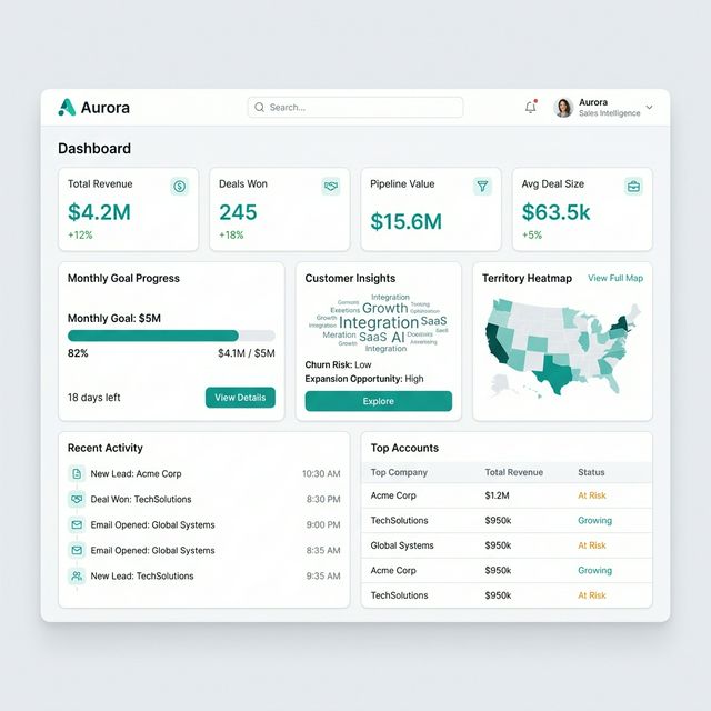 KAIROS Dashboard — Vista principal con métricas de ventas, pipeline y territorio